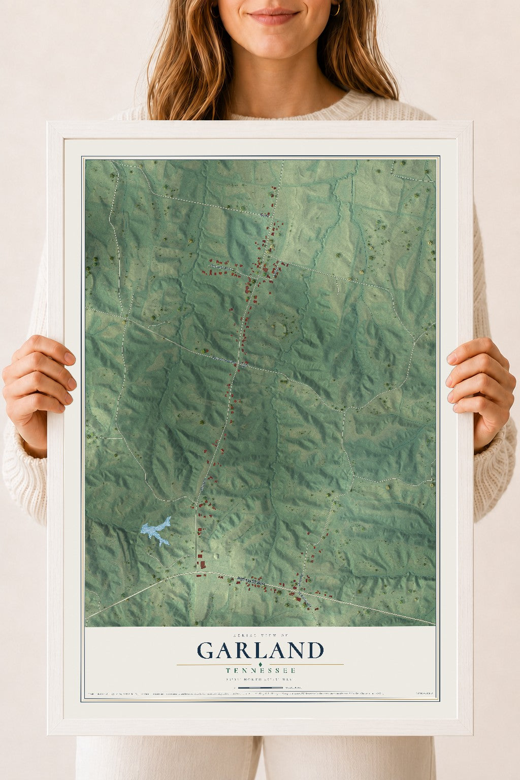 Map of Garland, Tennessee, 18 x 24 inch print in a white wood frame