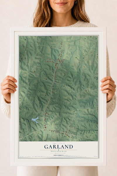 Map of Garland, Tennessee, 18 x 24 inch print in a white wood frame