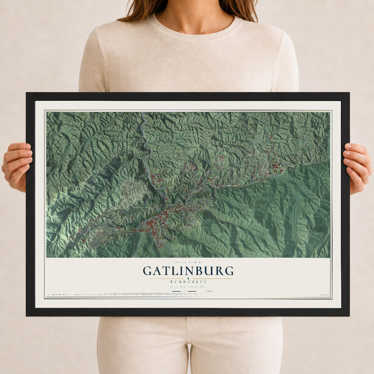 Map of Gatlinburg, Tennessee, 12 x 18 inch print in a black wood frame