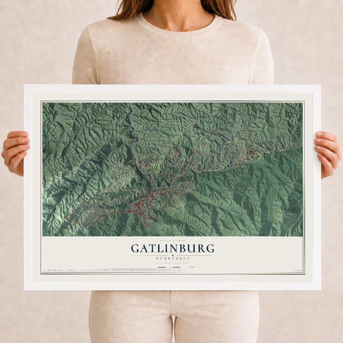 Map of Gatlinburg, Tennessee, 12 x 18 inch print in a white wood frame