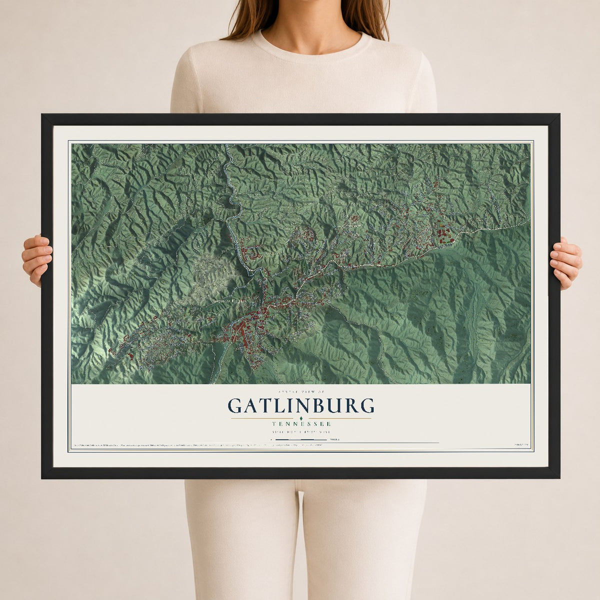 Map of Gatlinburg, Tennessee, 24 x 36 inch print in a black wood frame