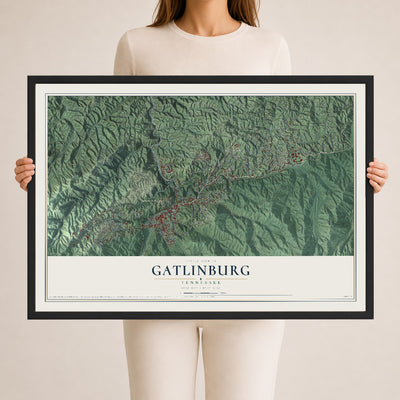 Map of Gatlinburg, Tennessee, 24 x 36 inch print in a black wood frame