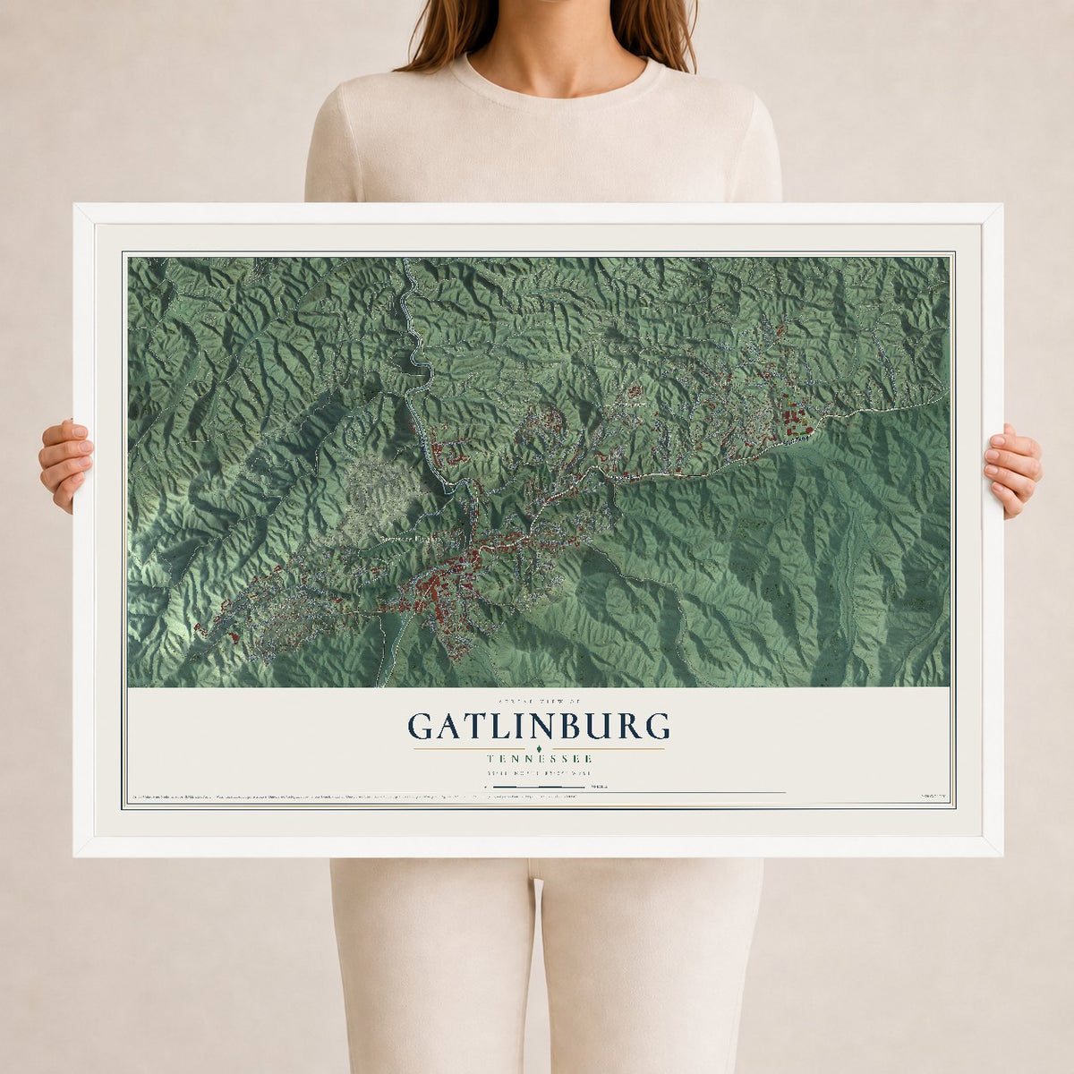 Map of Gatlinburg, Tennessee, 24 x 36 inch print in a white wood frame
