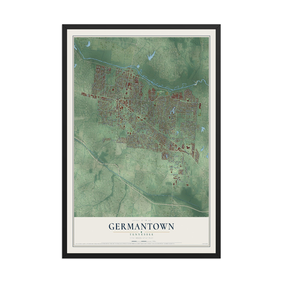 Map of Germantown, Tennessee, 12 x 18 inch print in a black wood frame
