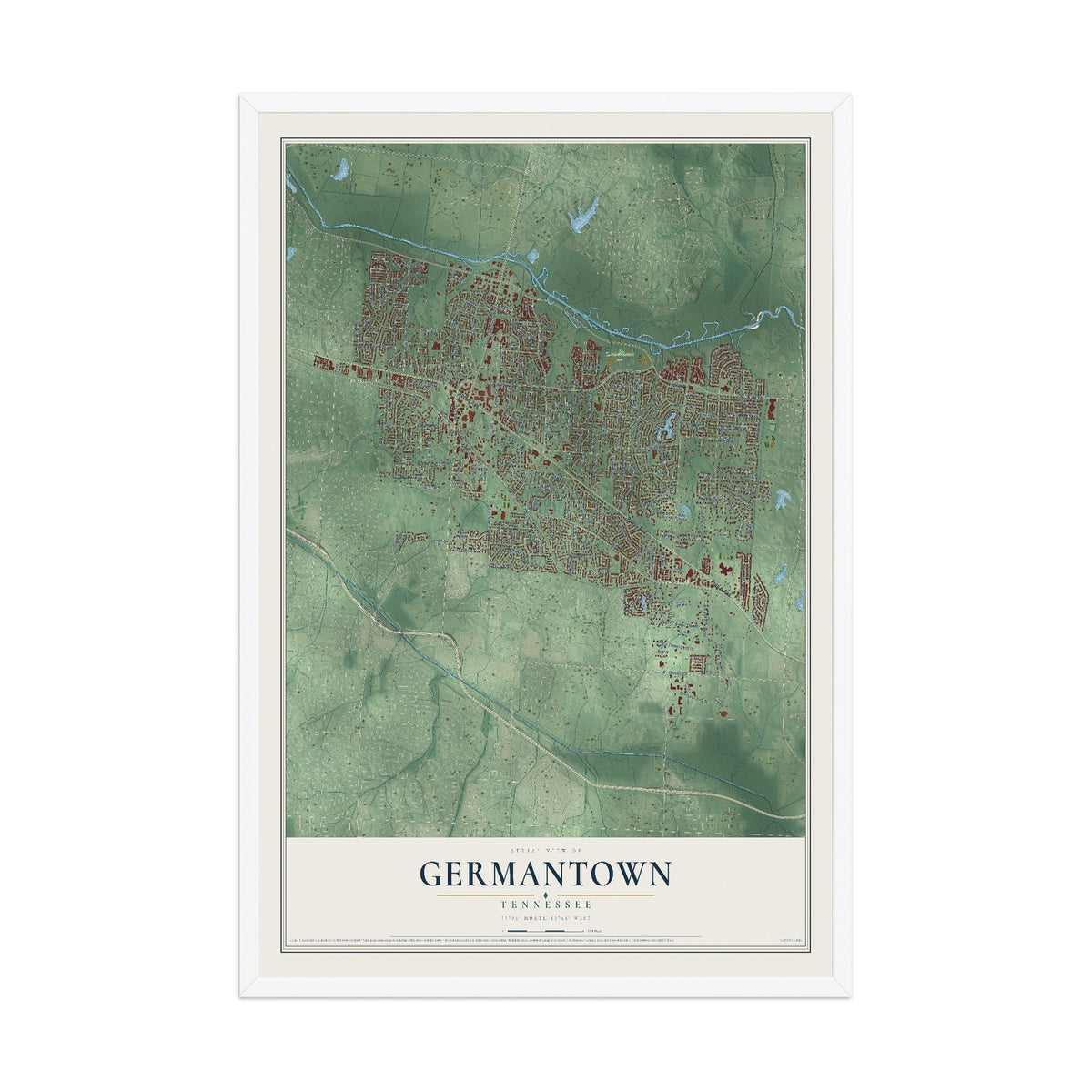 Map of Germantown, Tennessee, 12 x 18 inch print in a white wood frame