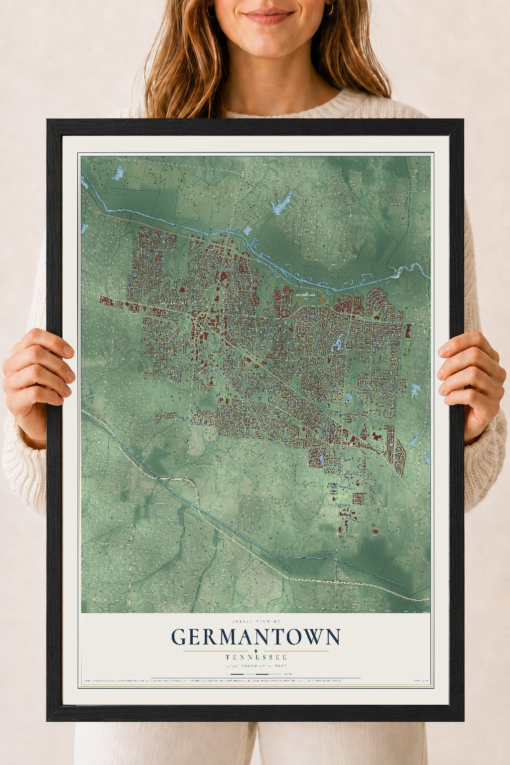 Map of Germantown, Tennessee, 18 x 24 inch print in a black wood frame