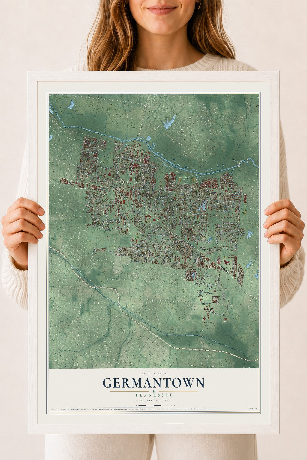 Map of Germantown, Tennessee, 18 x 24 inch print in a white wood frame