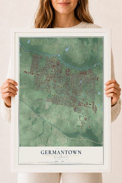 Map of Germantown, Tennessee, 18 x 24 inch print in a white wood frame