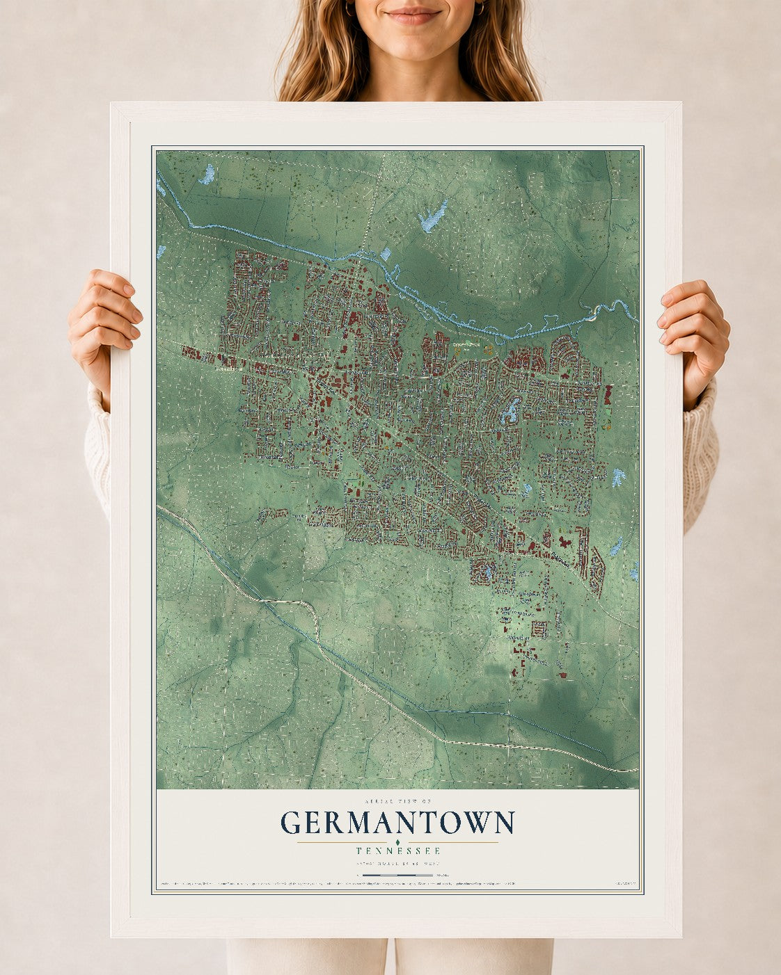 Map of Germantown, Tennessee, 24 x 36 inch print in a white wood frame