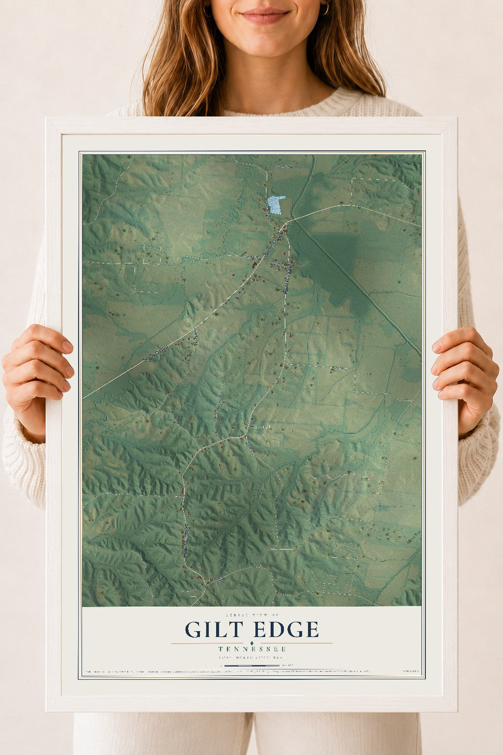 Map of Gilt Edge, Tennessee, 18 x 24 inch print in a white wood frame