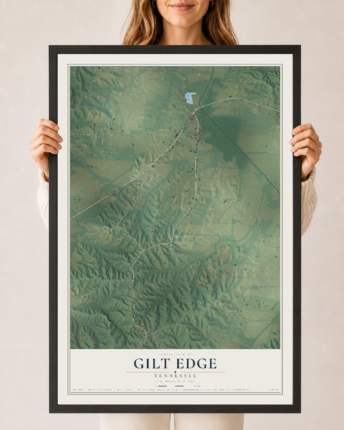 Map of Gilt Edge, Tennessee, 24 x 36 inch print in a black wood frame