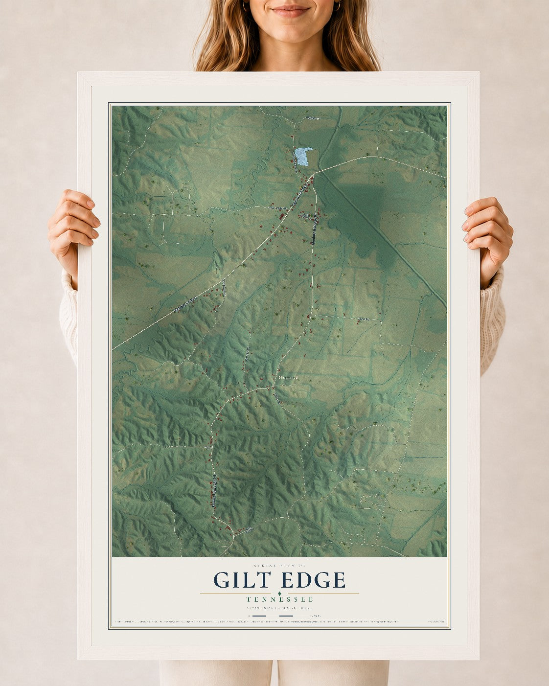 Map of Gilt Edge, Tennessee, 24 x 36 inch print in a white wood frame