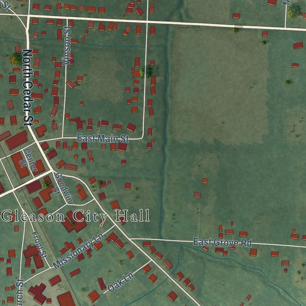Second close-up of the map of Gleason, Tennessee print showing more streets and buildings