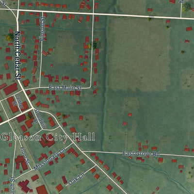 Second close-up of the map of Gleason, Tennessee print showing more streets and buildings