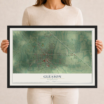 Map of Gleason, Tennessee, 12 x 18 inch print in a black wood frame