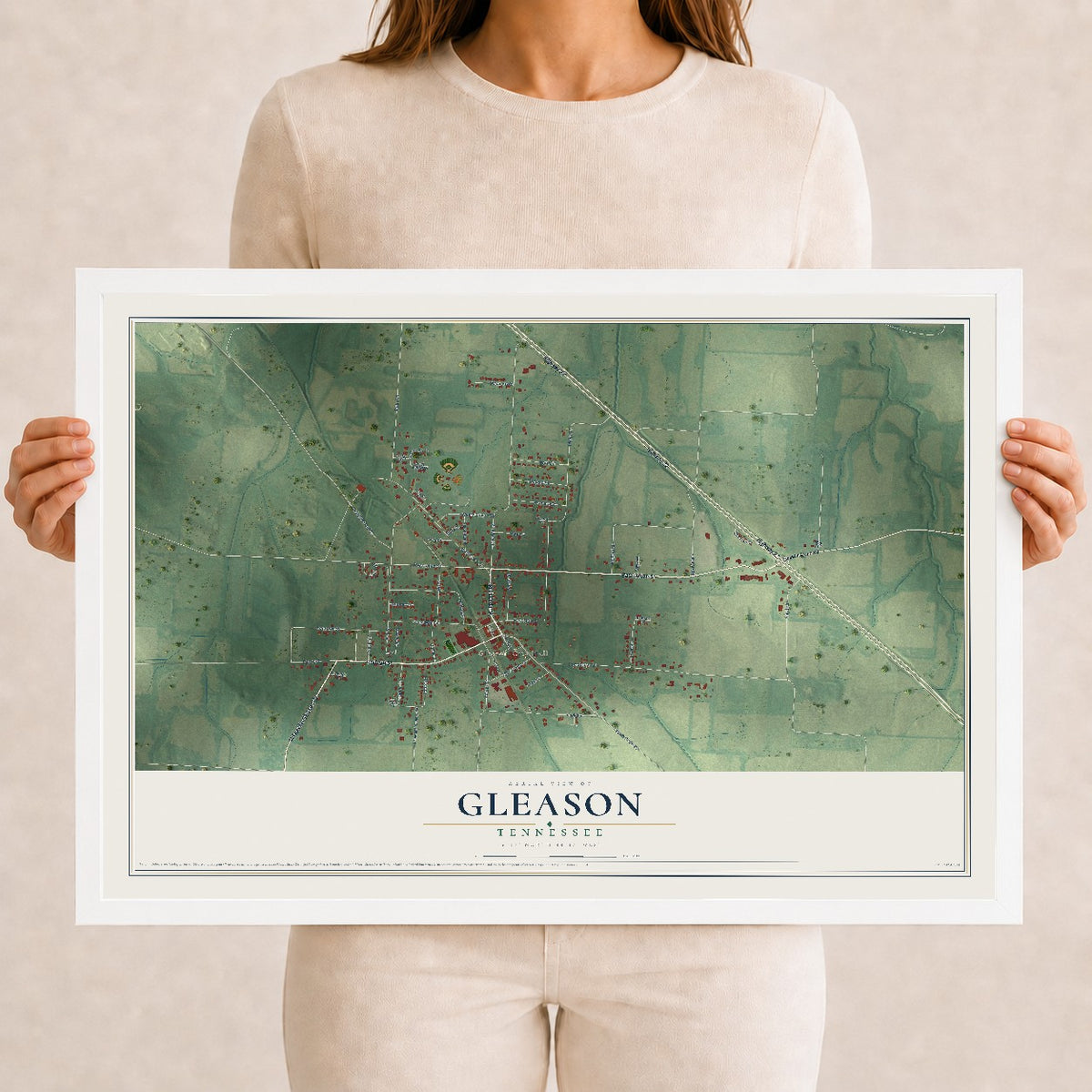 Map of Gleason, Tennessee, 12 x 18 inch print in a white wood frame