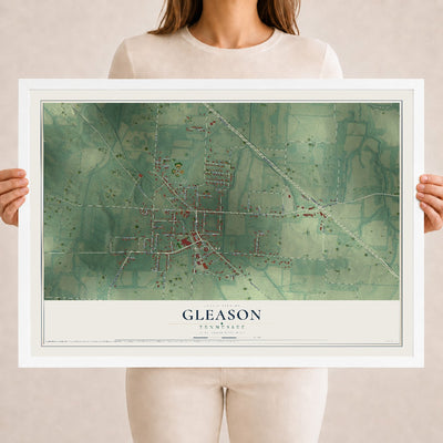 Map of Gleason, Tennessee, 18 x 24 inch print in a white wood frame