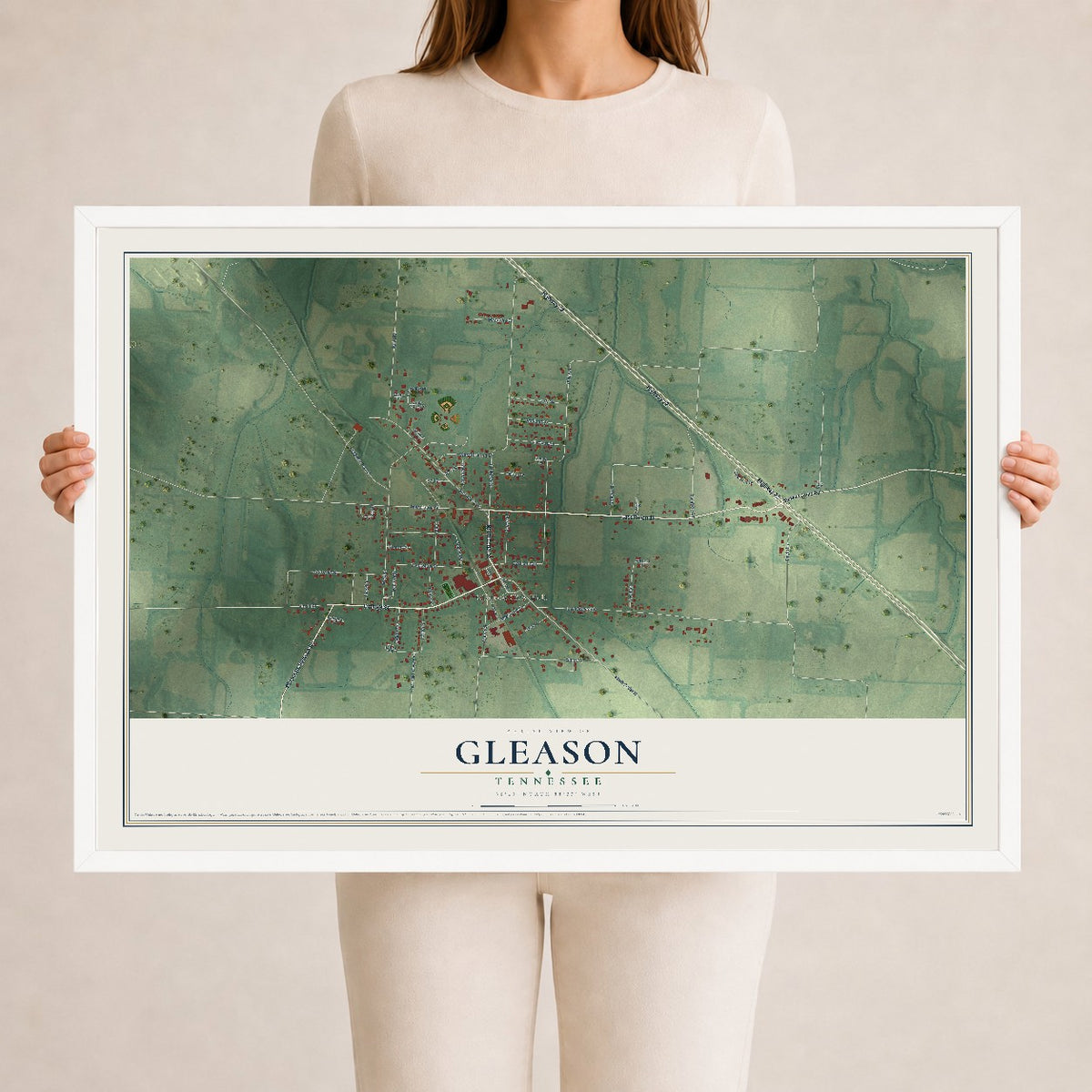 Map of Gleason, Tennessee, 24 x 36 inch print in a white wood frame
