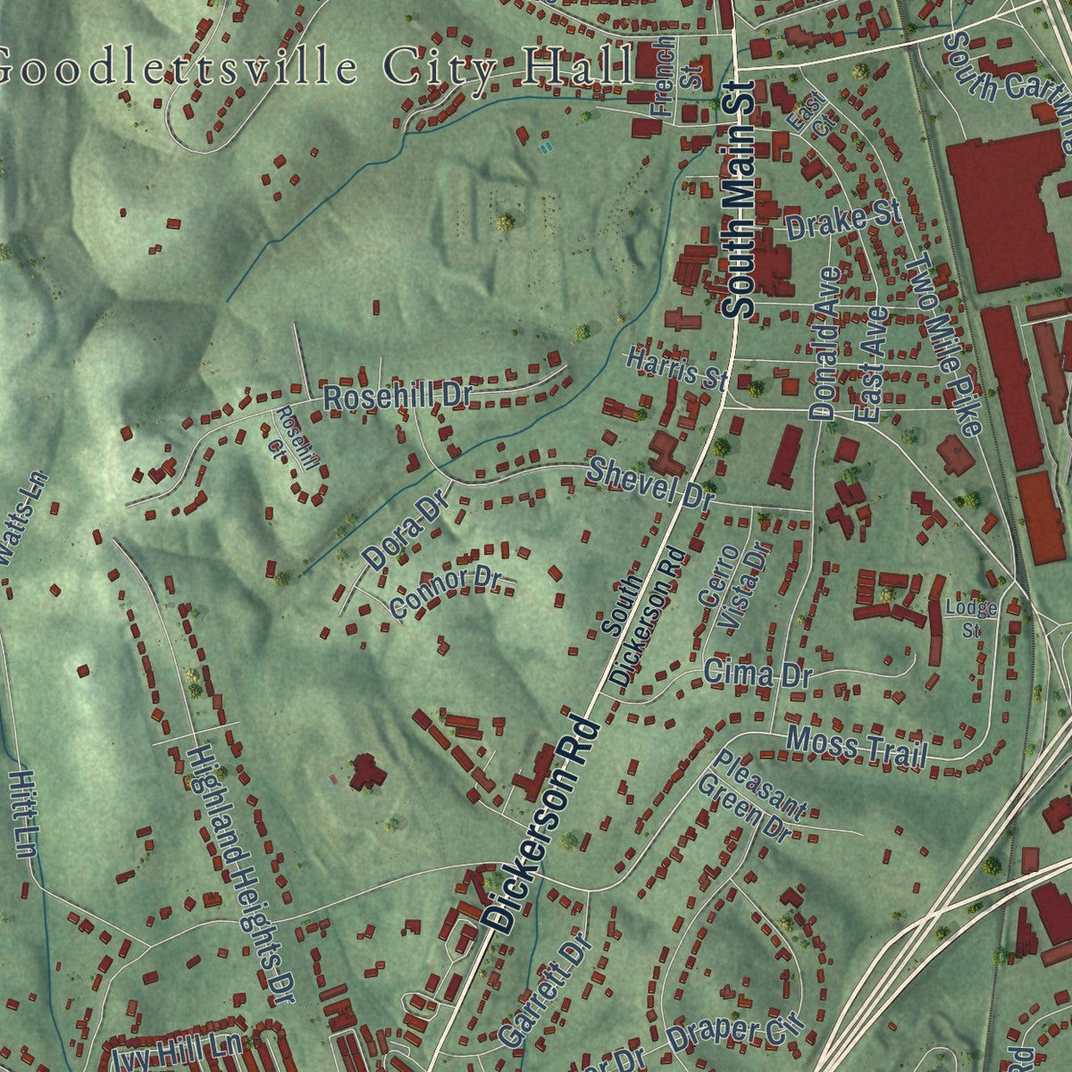 Second close-up of the map of Goodlettsville, Tennessee print showing more streets and buildings