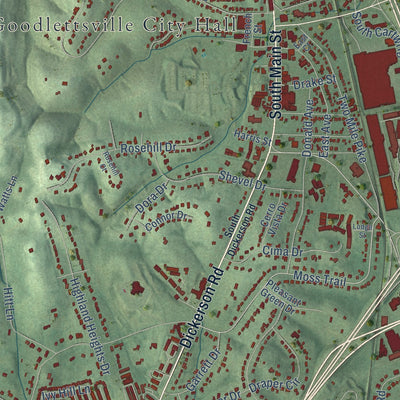 Second close-up of the map of Goodlettsville, Tennessee print showing more streets and buildings
