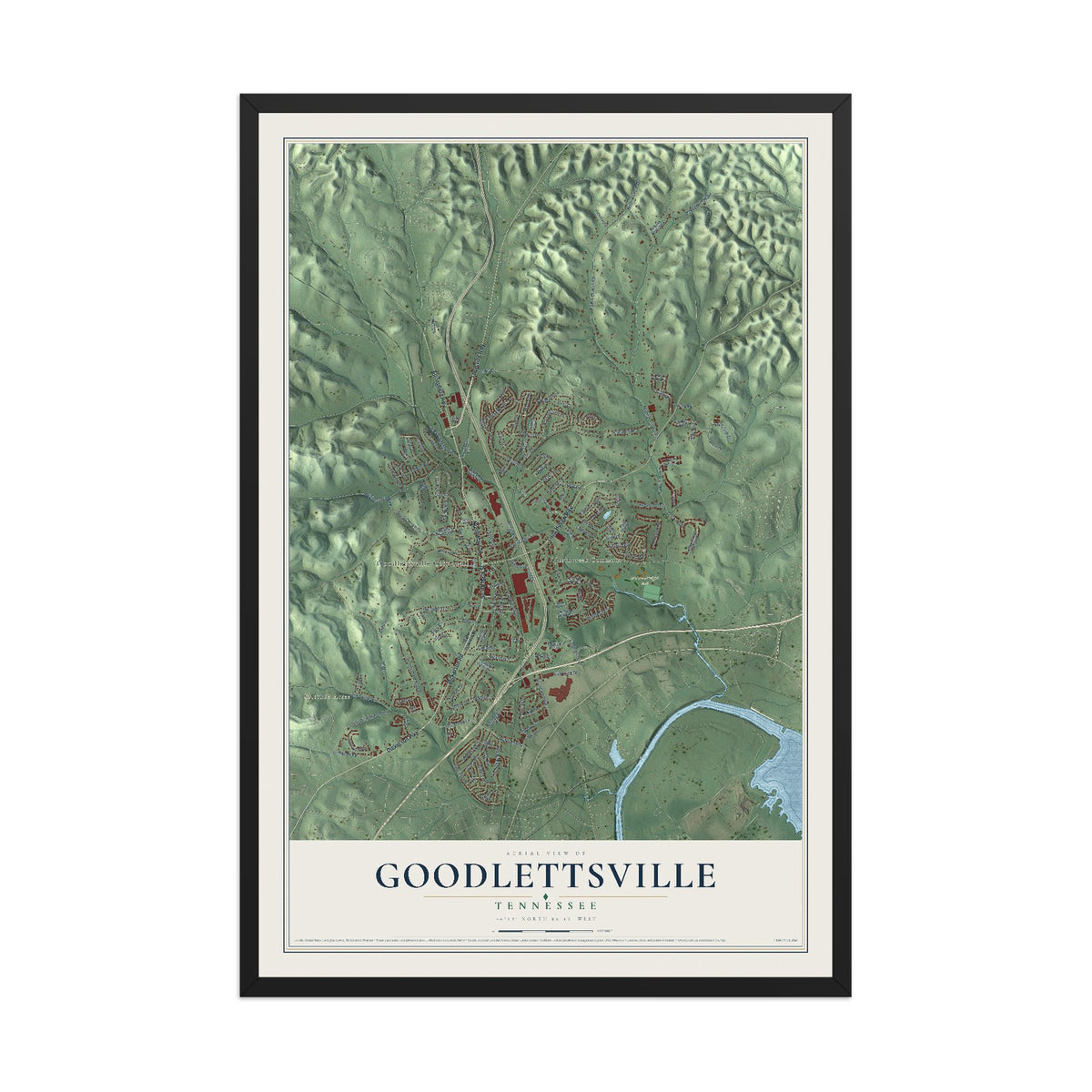 Map of Goodlettsville, Tennessee, 12 x 18 inch print in a black wood frame