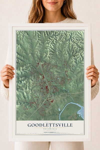 Map of Goodlettsville, Tennessee, 18 x 24 inch print in a white wood frame