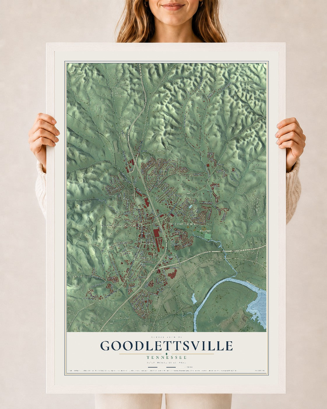 Map of Goodlettsville, Tennessee, 24 x 36 inch print in a white wood frame