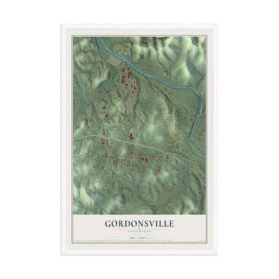 Map of Gordonsville, Tennessee, 12 x 18 inch print in a white wood frame