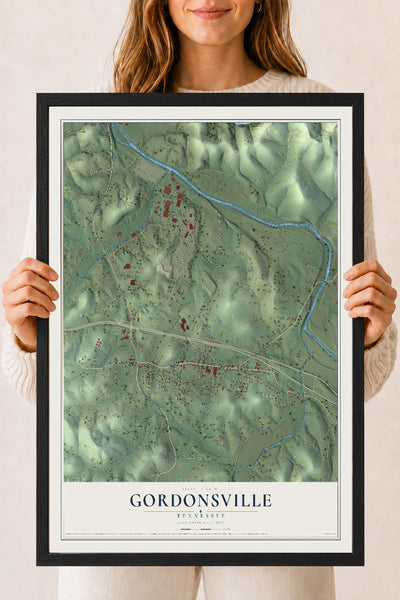 Map of Gordonsville, Tennessee, 18 x 24 inch print in a black wood frame