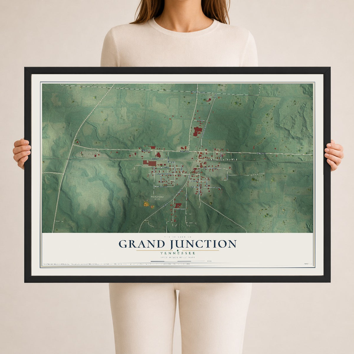 Map of Grand Junction, Tennessee, 24 x 36 inch print in a black wood frame