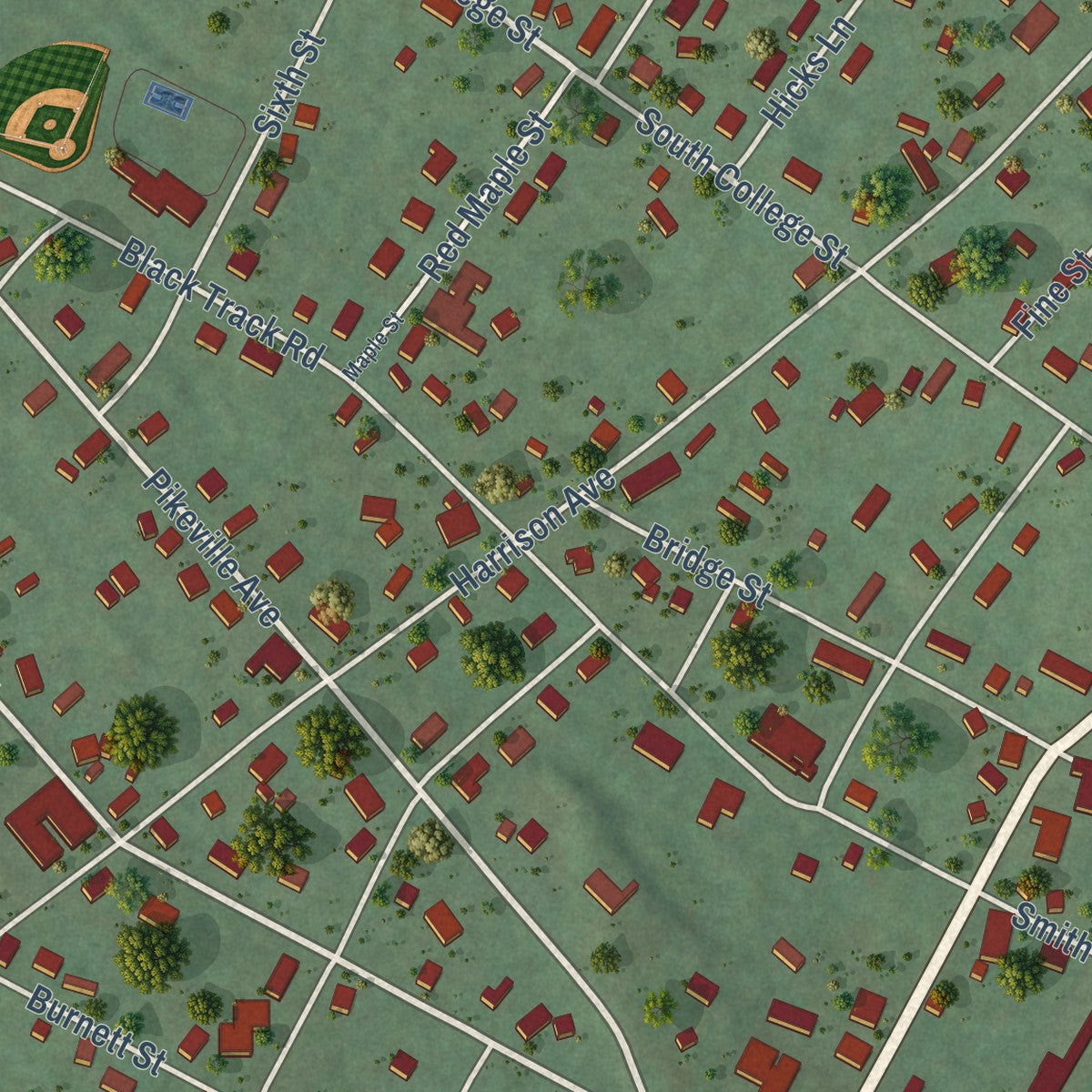 Close-up of the map of Graysville, Tennessee print showing street and building detail