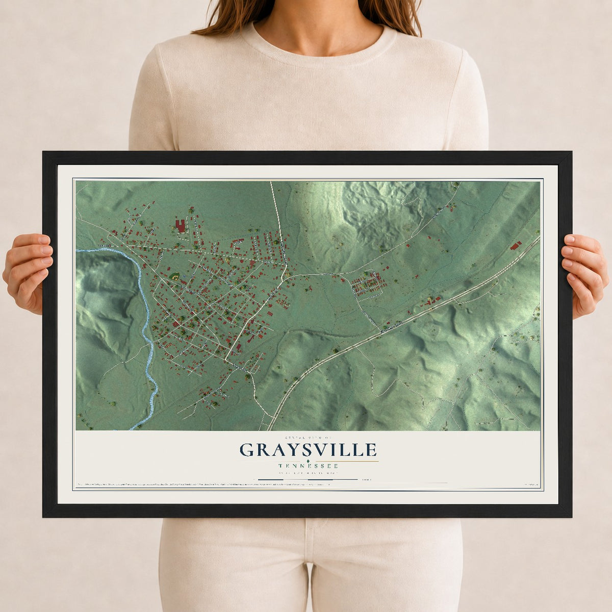 Map of Graysville, Tennessee, 12 x 18 inch print in a black wood frame