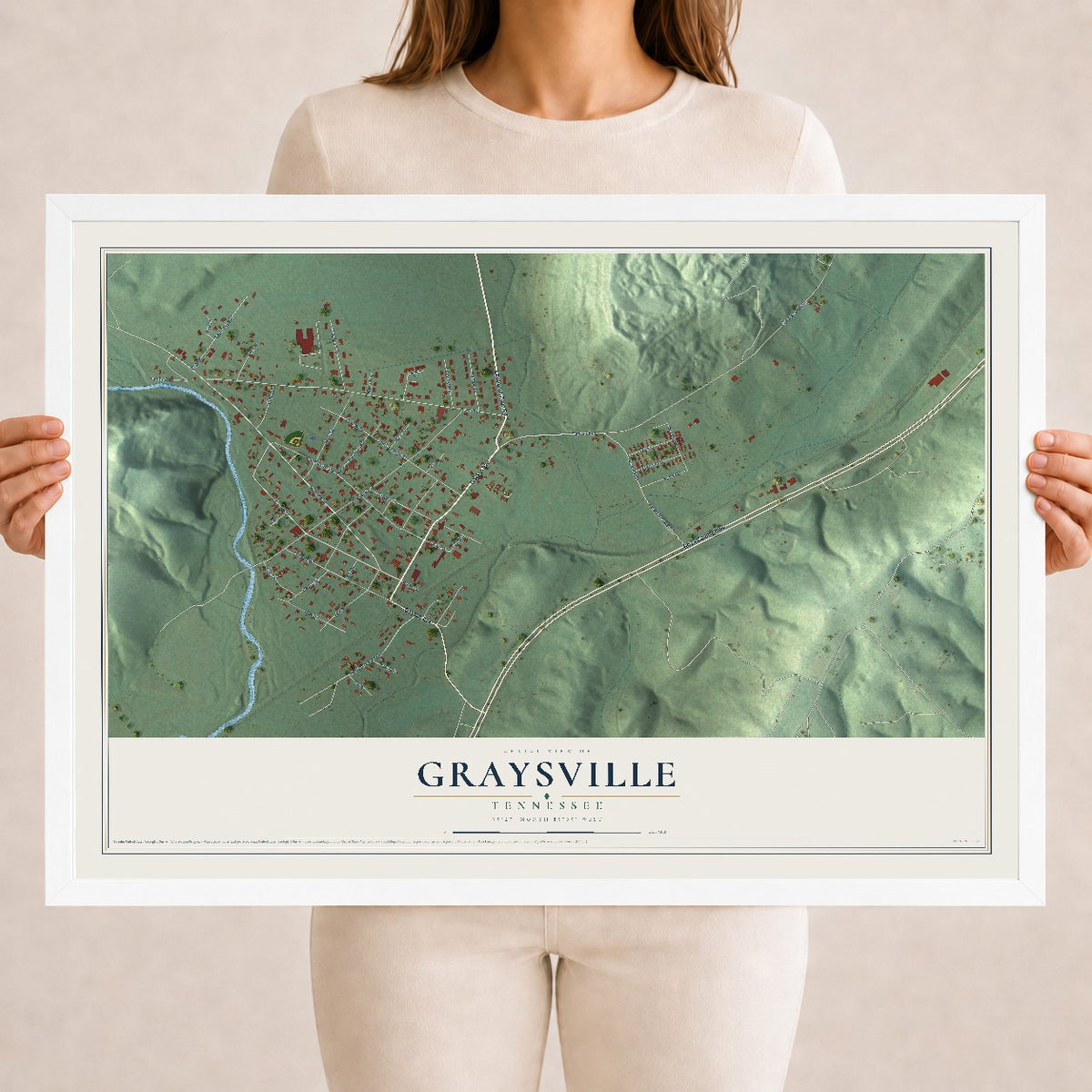 Map of Graysville, Tennessee, 18 x 24 inch print in a white wood frame