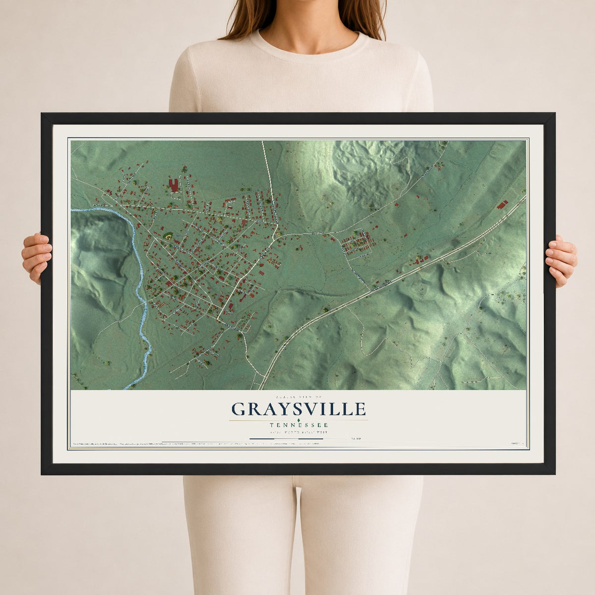 Map of Graysville, Tennessee, 24 x 36 inch print in a black wood frame