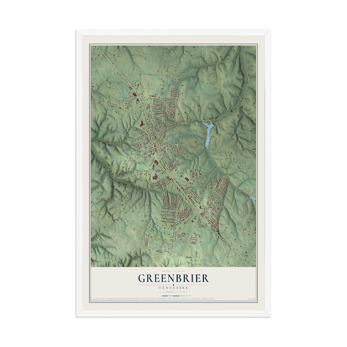 Map of Greenbrier, Tennessee, 12 x 18 inch print in a white wood frame