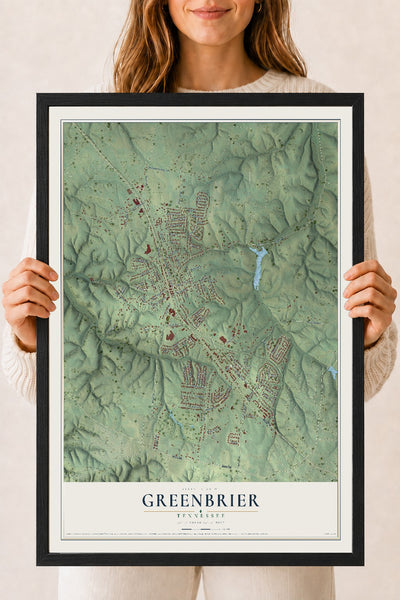 Map of Greenbrier, Tennessee, 18 x 24 inch print in a black wood frame