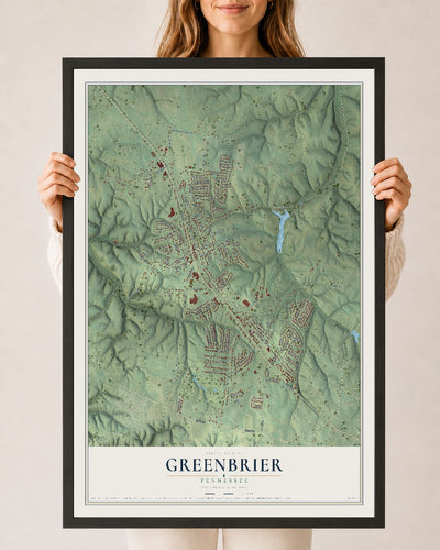 Map of Greenbrier, Tennessee, 24 x 36 inch print in a black wood frame