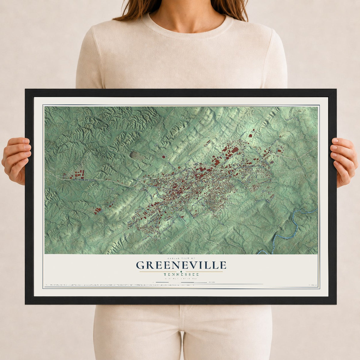 Map of Greeneville, Tennessee, 12 x 18 inch print in a black wood frame