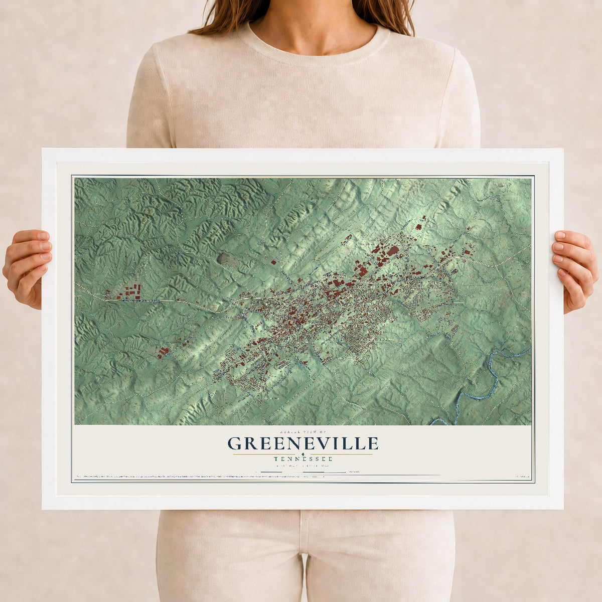 Map of Greeneville, Tennessee, 12 x 18 inch print in a white wood frame