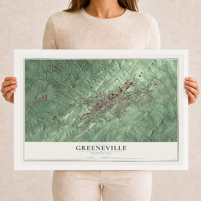 Map of Greeneville, Tennessee, 12 x 18 inch print in a white wood frame