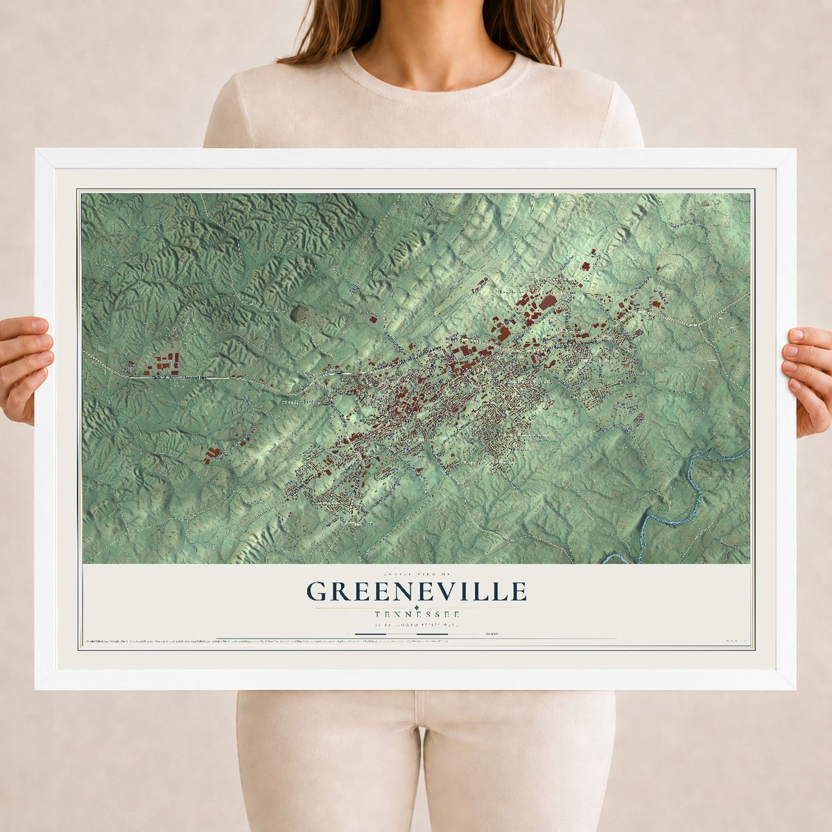 Map of Greeneville, Tennessee, 18 x 24 inch print in a white wood frame
