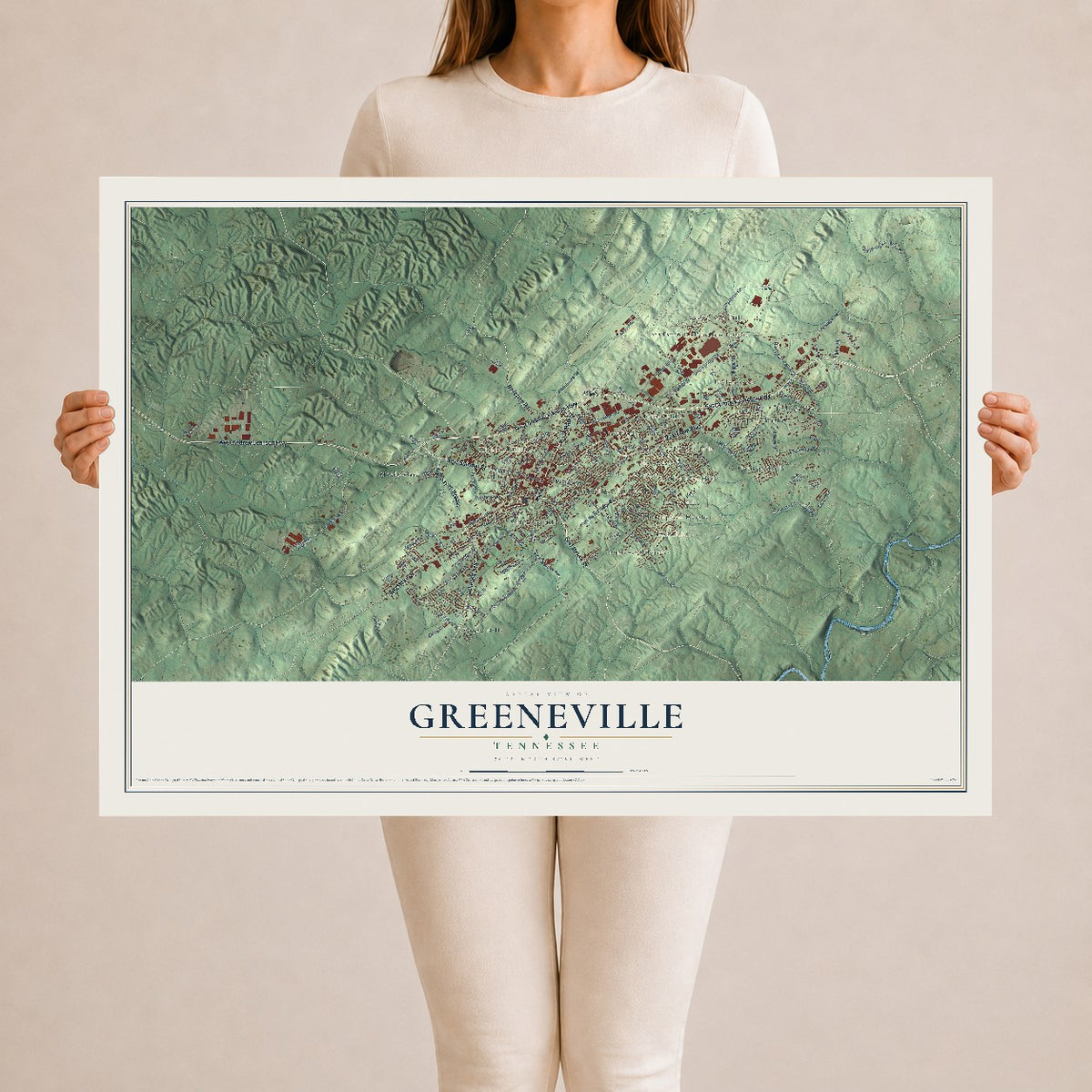 Map of Greeneville, Tennessee, 24 x 36 inch unframed archival matte print