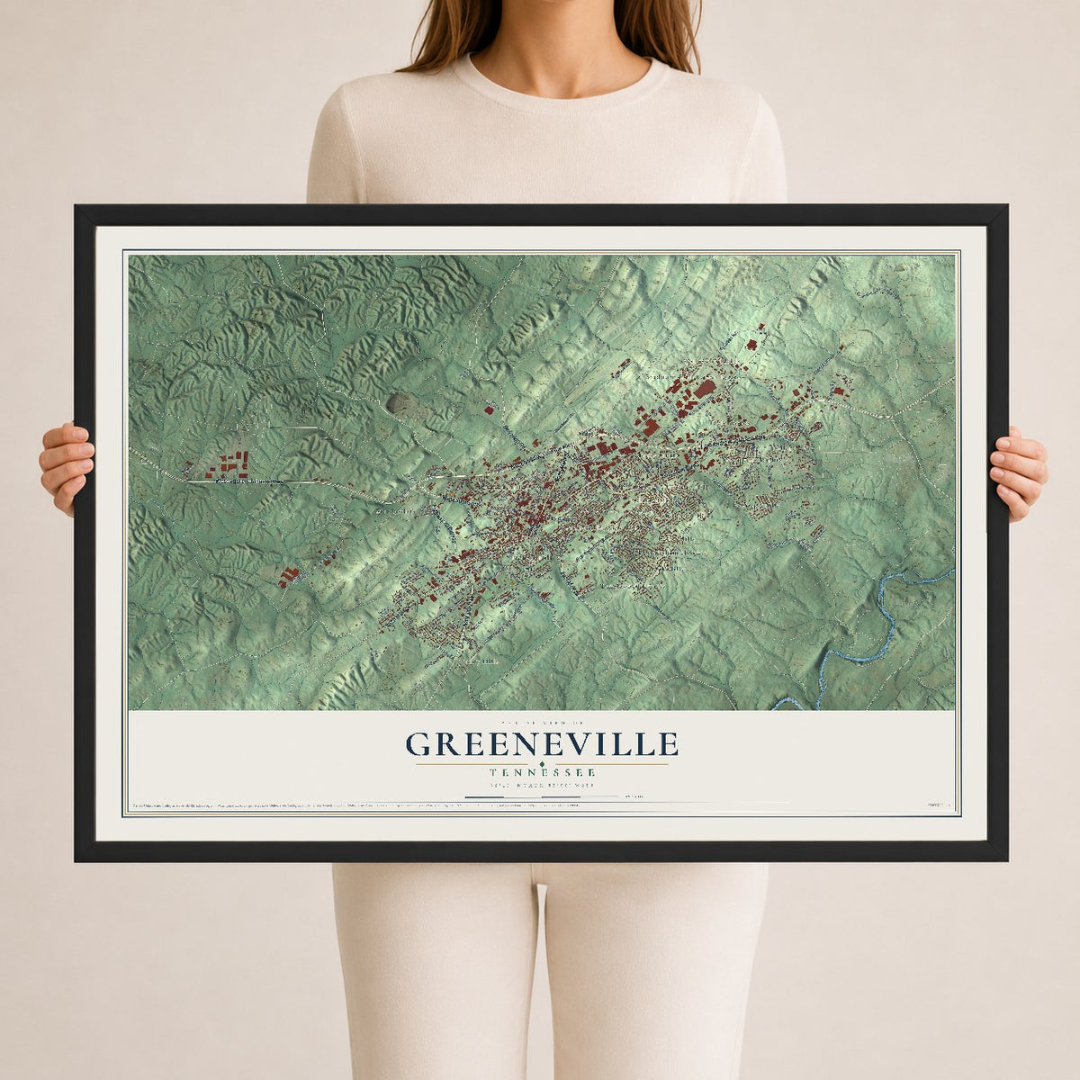 Map of Greeneville, Tennessee, 24 x 36 inch print in a black wood frame
