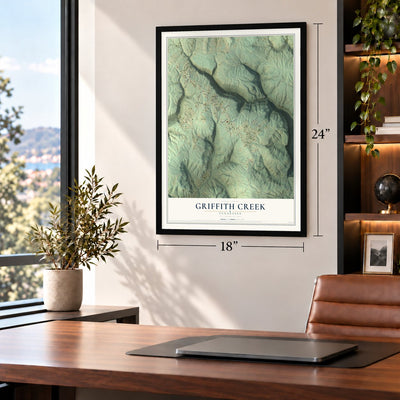 Griffith Creek, Tennessee map, 18 x 24 inch print in a black frame in a home office