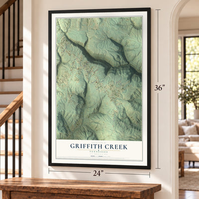 Griffith Creek, Tennessee map, 24 x 36 inch print in a black frame by a staircase