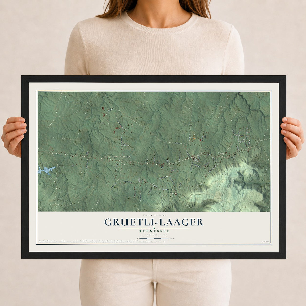 Map of Gruetli-Laager, Tennessee, 12 x 18 inch print in a black wood frame