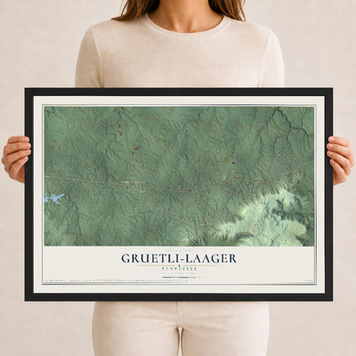 Map of Gruetli-Laager, Tennessee, 12 x 18 inch print in a black wood frame