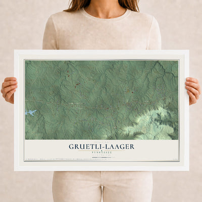 Map of Gruetli-Laager, Tennessee, 12 x 18 inch print in a white wood frame