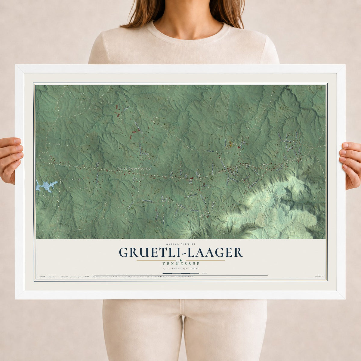 Map of Gruetli-Laager, Tennessee, 18 x 24 inch print in a white wood frame
