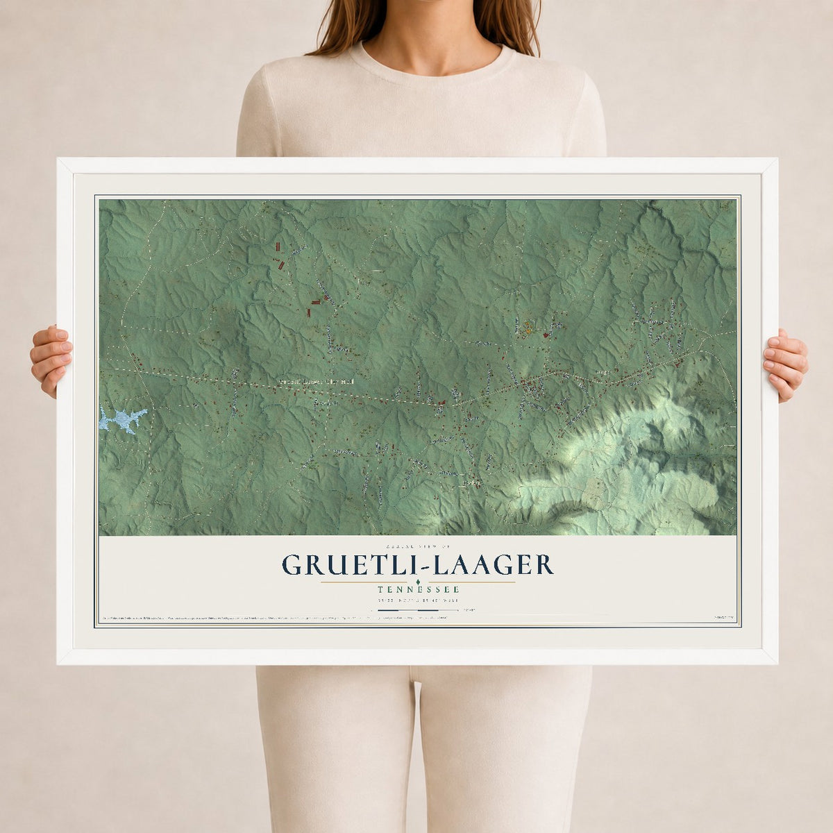 Map of Gruetli-Laager, Tennessee, 24 x 36 inch print in a white wood frame